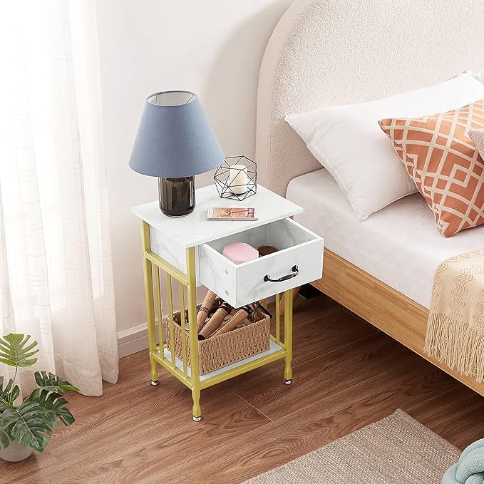VECELO Nightstands, Industrial Side/End Tables with Drawer and Storage Shelf, Night Stands for Bedroom, Living Room, Wood Metal Furniture, Easy Assembly
