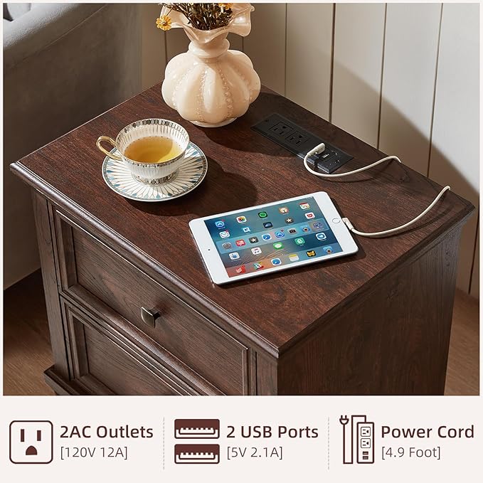 Farmhouse Nightstand Set of 2, Rustic Low Nightstands with 2 Drawers & Charging Station, Vintage Night Stands with 4 Square Solid Wood Legs, Small Dresser for Bedroom, Home, Walnut