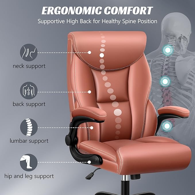 Office Chair, Ergonomic Big and Tall Computer Desk Chairs, Executive Breathable Leather Chair with Adjustable High Back Flip-up Armrests, Lumbar Support Swivel PC Chair with Rocking Function