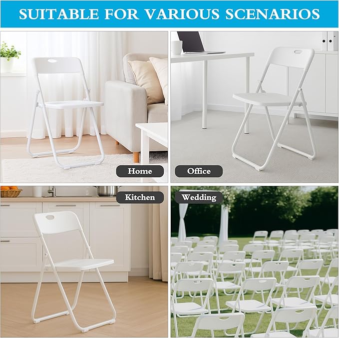 50 Pack White Plastic Folding Chairs, Indoor Outdoor Portable Stackable Commercial Seats with Steel Frame for Home Office Wedding Party Events Kitchen Dining, 350lb Capacity