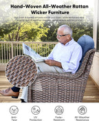 HUMMUH 3-Piece Swivel Rocking Rattan Chair Outdoor, Patio Bistro Furniture Conversation Set with Cover,Cushioned Wicker Chair with Glass Coffee Table(Brown, Blue)
