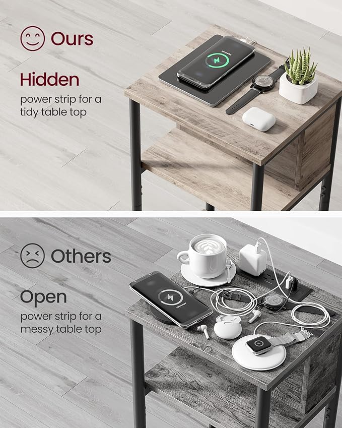 VASAGLE Side Table with Charging Station, 3-Tier End Table with USB Ports and Outlets, Nightstand for Living Room, Bedroom, 11.8 x 13.4 x 22.8 Inches, Plug-in Series, Greige and Black