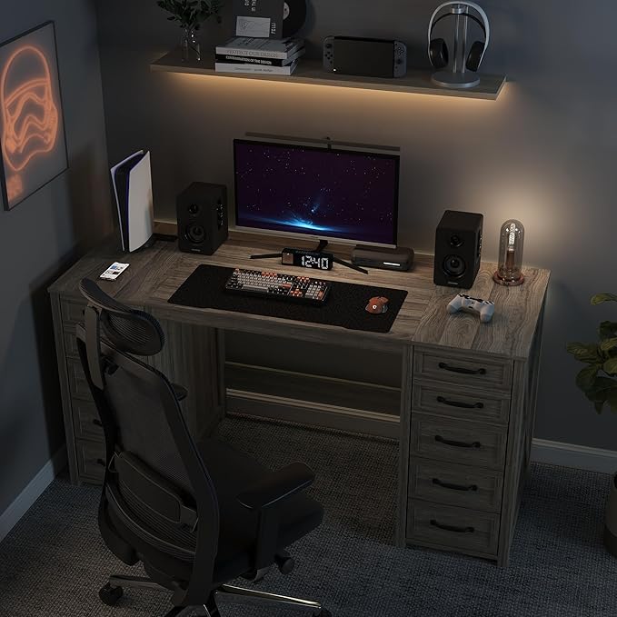 WOPITUES 60" Farmhouse Home Office Desk with 10 Wooden Drawers, Rustic Computer Writing Desk with Power Outlets, Large Executive Desk with Storage Cabinet for Work Study Writing Craft, Wood Grain Gray