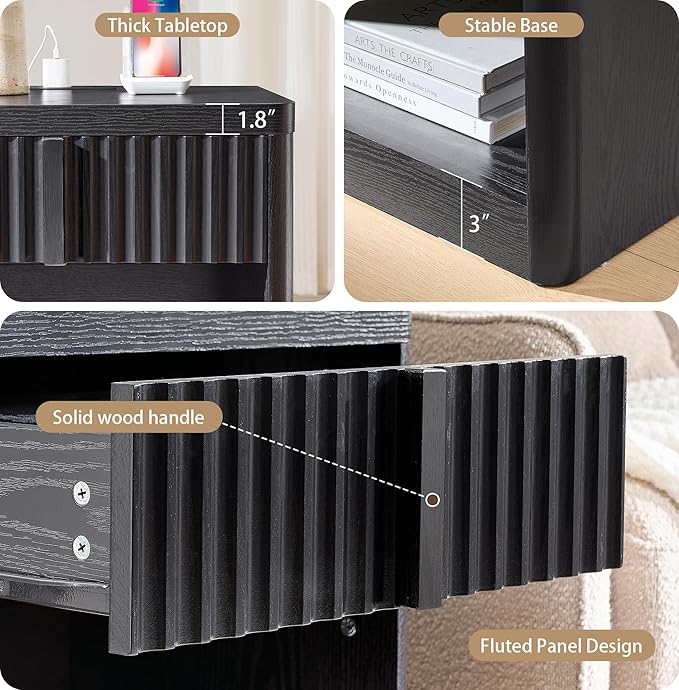 Fluted Nightstand with Charging Station, 23.6" End Table with Open Shelf and Drawers Storage, Bedside Table with Solid Wood Handle, Curved Profile Design, Night Stand for Bedroom, Black