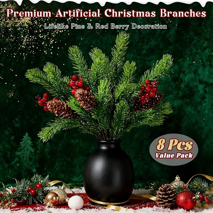 8PCS Artificial Pine Branches with Red Berry Pine Cones Artificial Needles Branches Greenery Stems Fake Greenery Floral Arrangements