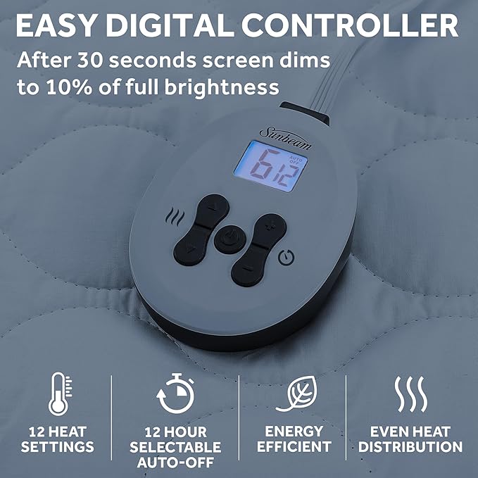 Sunbeam Electric Premium Water Resistant Restful Quilted Heated Mattress Pad, 12 Heat Settings, 12-Hour Selectable Auto Shut-Off, Fast Heating, Cozy Warming Bed, King, 76" x 80"