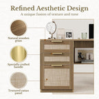 63 Inches L Shaped Standing Desk, Executive Standing Desk with Drawers and File Cabinet, AC/USB, 1.18" Desktop, Multi-Sized Storage Cubby, Privacy Panel, Rattan Computer Desk, Natural Oak