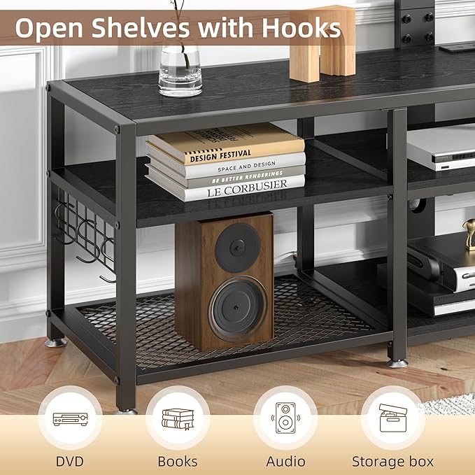 VECELO 71" TV Stand with Mount and Power Outlets, Entertainment Center with Open Storage Shelves, Height Adjustable Mount up to 80”, Wooden Table and Metal Frame for Living Room, Modern Black