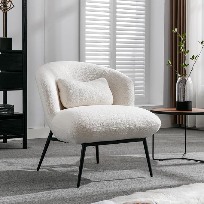 HEAH-YO Modern Accent Chair Set of 1, Upholstered Sherpa Side Chair with Barrel Backrest and Metal Legs, Comfy Armless Chair for Living Room Bedroom, White