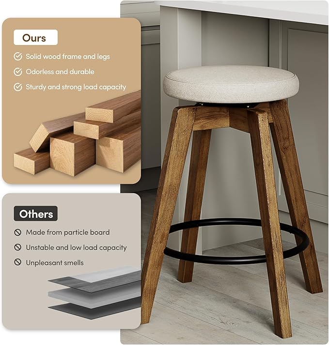 Swivel Premium Solid Wood Counter Stool 25", 360° Rotating Upholstered Cushion, Backless Bar Chair for Island, Pub, Kitchen, Dining Room (Walnut)