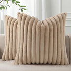 Pallene Faux Fur Plush Throw Pillow Covers 18x18 Set of 2, Luxury Soft Fluffy Striped Decorative Pillow Covers for Sofa, Couch, Living Room, Khaki