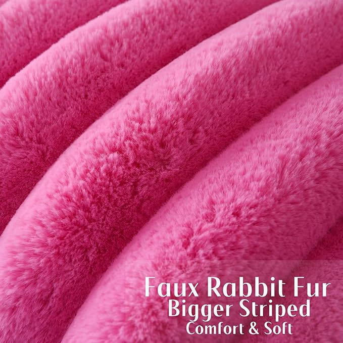 FUTEI Hot Pink Decorative Throw Pillow Covers 18x18 Inch Set of 2, Square Soft Faux Rabbit Fur Thick Striped Cushion Cover,Winter Home Decor for Couch Bed Living Room