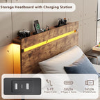 Forestell Twin Bed Frames with Wood Headboard, Metal Platform Bed with 2 Storage Drawers & Shelf, Built in Charging Station & LED Lights, No Box Spring Needed, Vintage Brown, Camas Twin Size