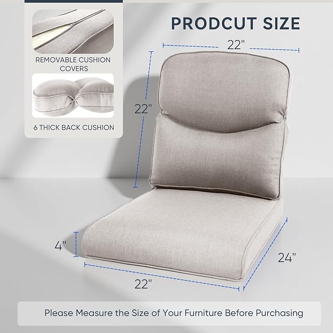Patio Chair Cushions 6 Packs - Outside High Back Thick Water-Resistant Cushion 22x24 with Zipper Cover for Outdoor Glider Rocking Chairs Loveseat Couch Sofa – Beige/Crescent