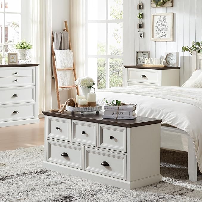 Farmhouse 5 Drawers Dresser for Bedroom, 45" Wide Chest of Drawers, 21" Tall Storage Closet Bench Storage Chest Storage Trunk, Wood Rustic Dresser for Closet, Living Room, Hallway, White