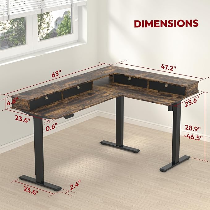 SANODESK L Shaped Standing Desk with 3 Drawers, Height Adjustable Stand up Desk, Corner Gaming Desk with Monitor Stand (Rustic Brown, 63"x47")