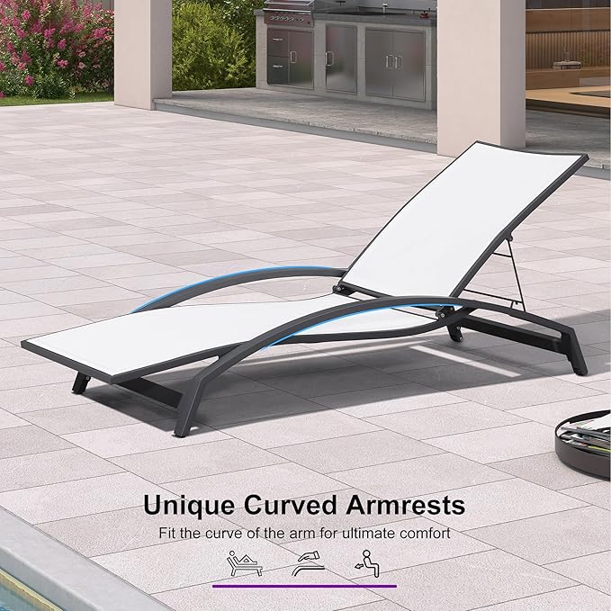 PURPLE LEAF Patio Chaise Lounge Chair Set of 2 Outdoor Lounge Chair with Arm All Weather Adjustable Lounger for Beach Pool Lawn Garden Recliner White