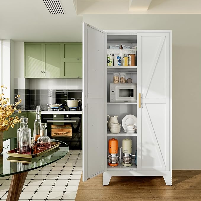 Large Metal Kitchen Pantry Cabinet with Adjustable Shelves - Freestanding Kitchen Storage Cabinet for Dining Room,Livingroom Bathroom, Hallway, Workshop, Office (White, 61"- 0 Drawer)