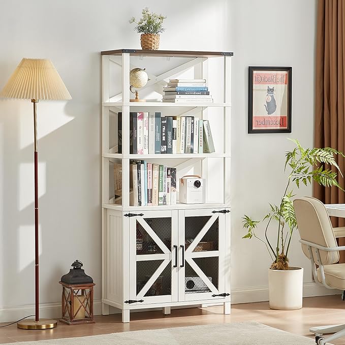 5 Tier Bookshelf 70" Tall Bookcase with Barn Doors,Large Farmhouse Display Book Shelf with Adjustable Shelves and Storage Cabinet，Library Wood Bookshelves for Living Room,Kitchen,White(3PCS)