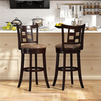 COSTWAY Set of 2 Bar Stools, 30” Swivel Bar Chairs with Footrest, Rubber Wood Frame & Lattice Backrest, Leathaire Bar Height Stools for Kitchen Island (2, 30”)