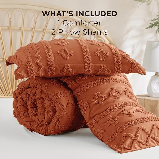Bedsure Tufted Boho Comforter Set Full Size - Terracotta Boho Bed Set, GentleSoft™ 3 Pieces Farmhouse Shabby Chic Embroidery Bedding, Gifts for Woman, Soft Jacquard Full Comforter for All Seasons