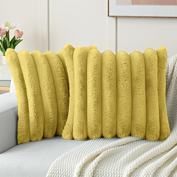 FUTEI Mustard Yellow Decorative Throw Pillow Covers 24x24 Inch Set of 2, Square Soft Faux Rabbit Fur Big Striped Pillow Sham,Home Decor for Couch Sofa Bed Living Room