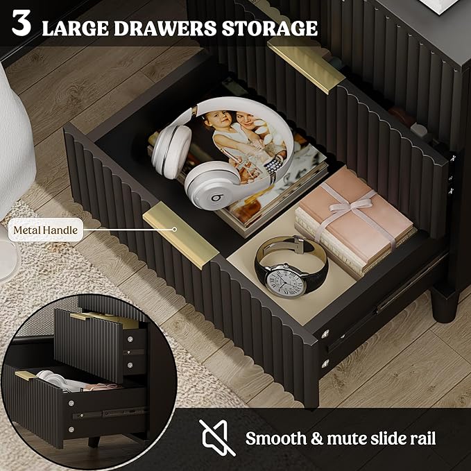 Lulive Wood Nightstand Set of 2 Fluted Dresser for Bedroom 3 Drawers Night Stand with Charging Station, Storage Modern Side Table Black