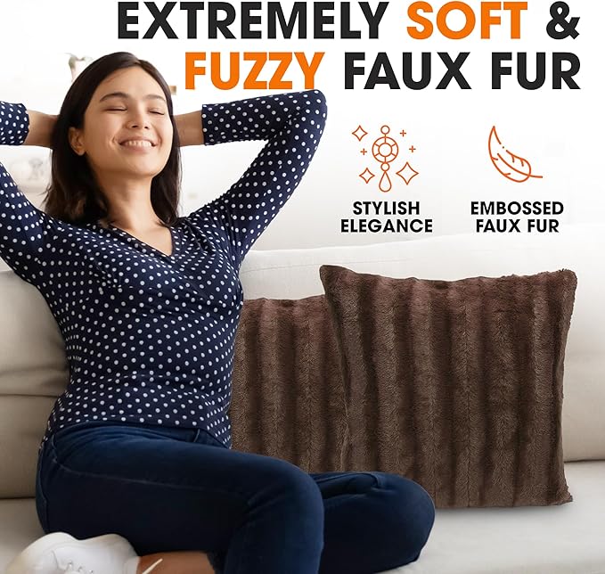 Cheer Collection Faux Fur Throw Pillows - Decorative Pillows for Couch, Bed Throw Pillows, Chocolate Accent Pillows for Bedroom or Living Room Aesthetic, Set of 2 Furry Throw Pillows, 26" x 26"