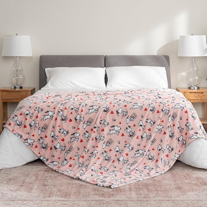 Berkshire Blanket Peanuts® VelvetLoft® Cute Character Snoopy Plush Blanket,Poses and Hearts Blush,King 90 in x 108 in (Official Peanuts® Product)