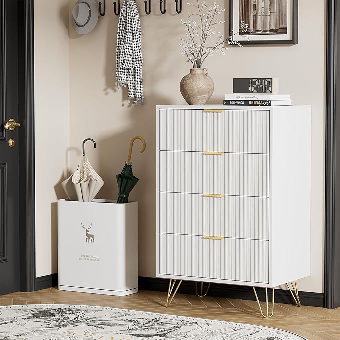 White Dresser for Bedroom, Modern Wide Dresser with Gold Pulls and 4 Drawers for Bedroom, Closets, 15.7" D x 23.6" W x 37.4" H