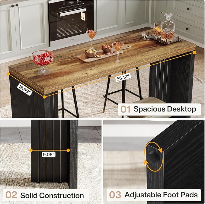 Tribesigns Home Bar Unit, 55.12-Inch Bar Table with a Spacious Tabletop, Modern Freestanding Mini Bar for Home Kitchen, Living Room, Balcony, Basement, Brown & Black (Set of 2)