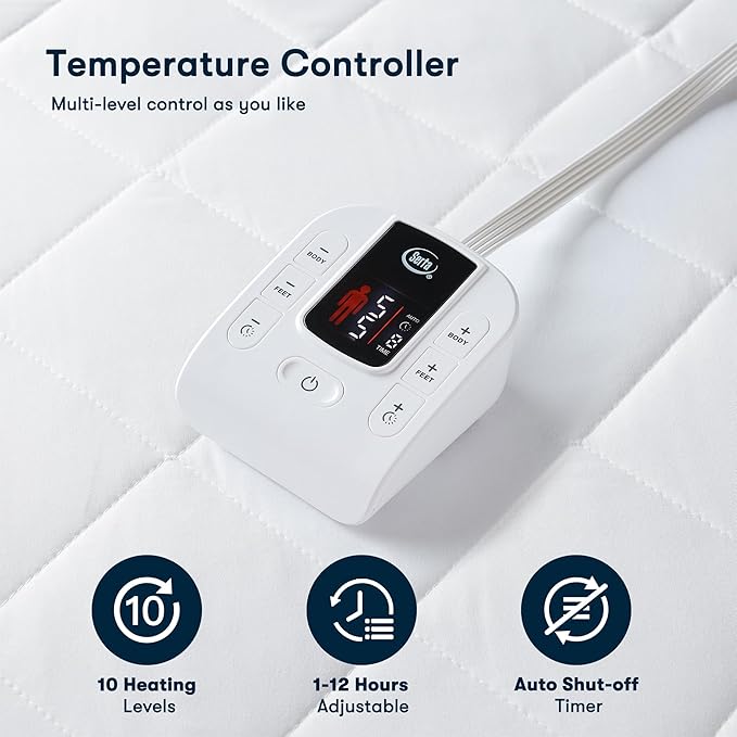 Serta Multi-Zone Heated Mattress Pad – Single Controller for Personalized Body & Foot Warmth, 10 Heat Settings, Auto Shut-Off, Soft Microfiber, Machine Washable, 15" Deep Pocket – Full Size
