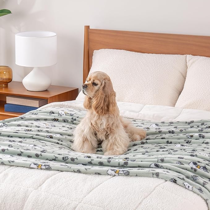 Berkshire Blanket Peanuts® VelvetLoft® Cute Character Snoopy Plush Throw Blanket,Peanuts Snoopy & Woodstock New Flower and Bees Sage,Throw 55 in x 70 in (Official Peanuts® Product)