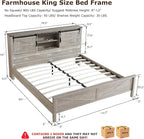 T4TREAM Farmhouse King Size Bed Frame w/Storage Bookcase Headboard, Sliding Barn Door, Charging Station, Rustic Wood Platform Bed w/Wood Slats Support, No Box Spring Needed, Light Rustic Oak