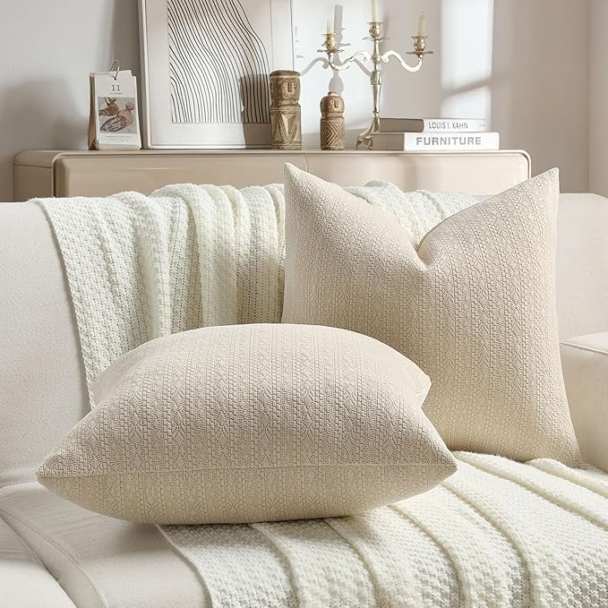FUTEI Beige Chenille Throw Pillow Covers 24x24 Inch Set of 2,Soft Striped & Diamond Textured European Cushion Cases,Modern Home Decor for Couch Living Room