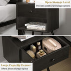 VECELO Nightstands Set of 2, Mid Century Modern End Bedside Table, Night Stand with Storage Drawer and 2 Tiers Open Shelf for Small Place, Bedroom, Living Room, Easy Assembly, Black