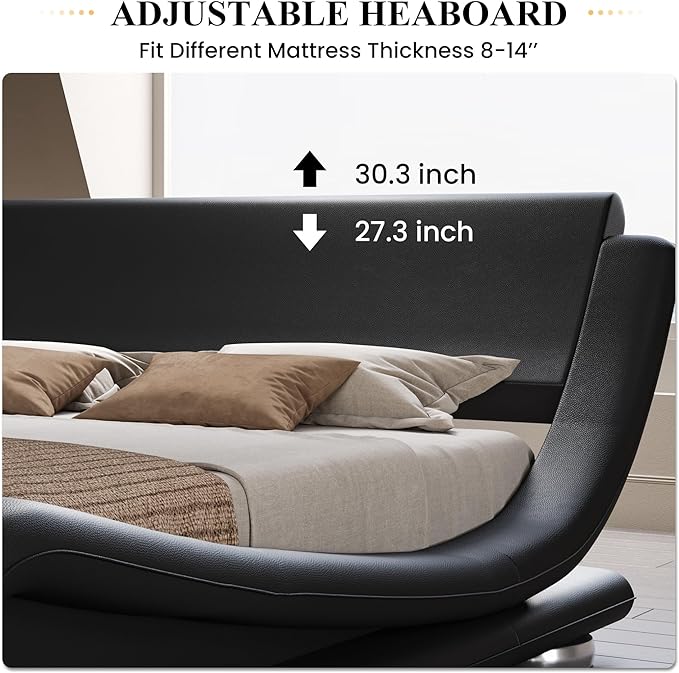 SHA CERLIN King Size Upholstered Bed Frame, Deluxe Low Profile Sleigh Bed with Faux Leather Ergonomics Headboard, No Box Spring Needed & Easy Assembly, Black