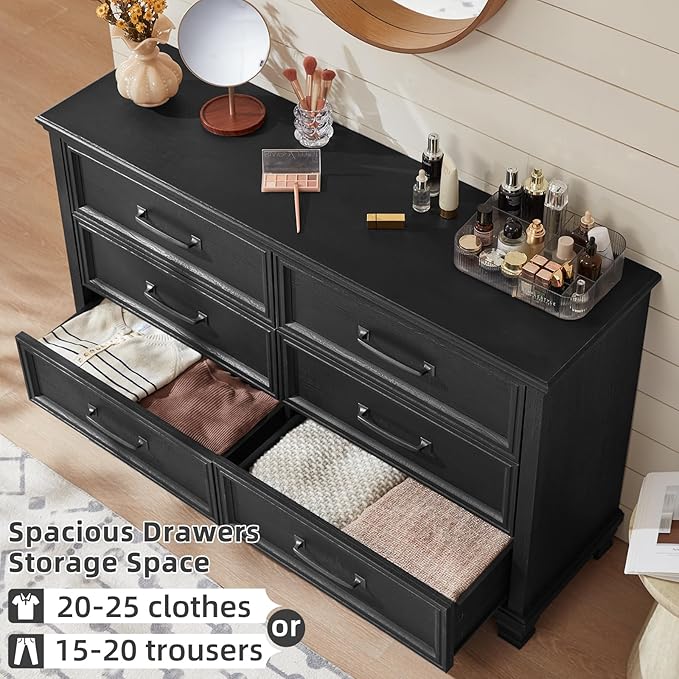 Farmhouse Bedroom Dresser and Nightstand Set of 4, 6 Drawer Tall & Low Dresser & 3 Drawer Nightstand Set with Wooden Legs, Rustic Wood Bedroom Furniture Sets for Livingroom, Hallway, Black