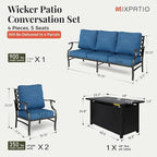 Patio Furniture Set, 4 Pcs Metal Outdoor Conversation Set, 2 Single Chairs and 3 Seater Sofa with 5.75" Extra Thick Cushion and Gas Fire Pit Table for Backyard Deck, Gemstone Blue