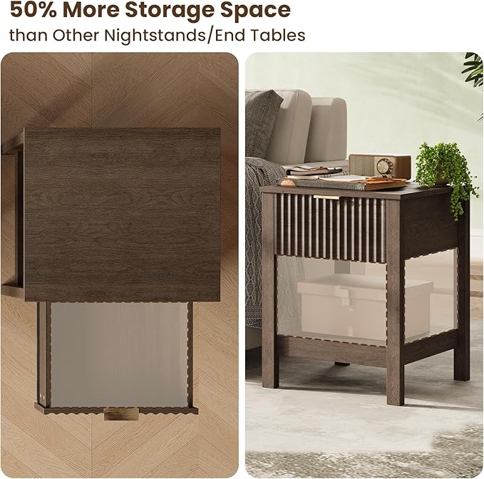 Fluted Night Stand with Golden Handle,Set of 2 Mid-Century Nightstands with Drawer,Bedside Table with Storage Shelf,Large End Tables for Livingroom,Bed Side Tables for Bedroom,Walnut