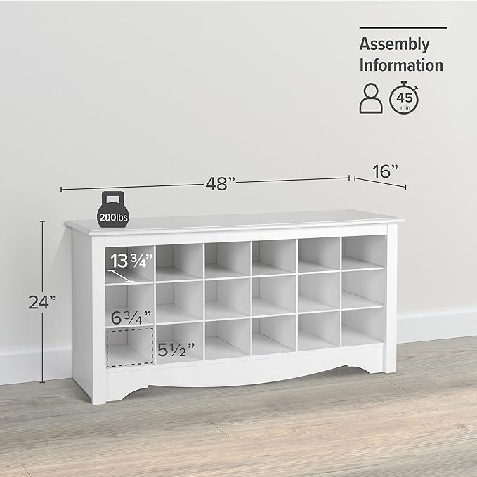 Prepac White Shoe Cabinet, Entryway Bench, Mud Room Organization and Storage Bench with 18 Shoe Cubbies 16"D x 48"W x 24"H