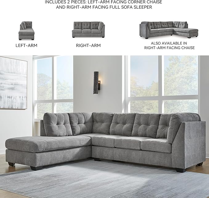 Signature Design by Ashley Marleton Contemporary Left-Arm Facing Tufted 2-Piece Sleeper Sectional with Chaise, Loose Seat Cushions and Bi-Fold Memory Foam Mattress, Full, Light Gray