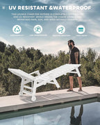 SERWALL Patio Chaise Lounge Chair Set of 6, 5 Positions Adjustable Poly Outdoor Lounger for Pool, HDPE Lounge Chair with Rolling Wheels & Cup Holder for Poolside, Deck, White