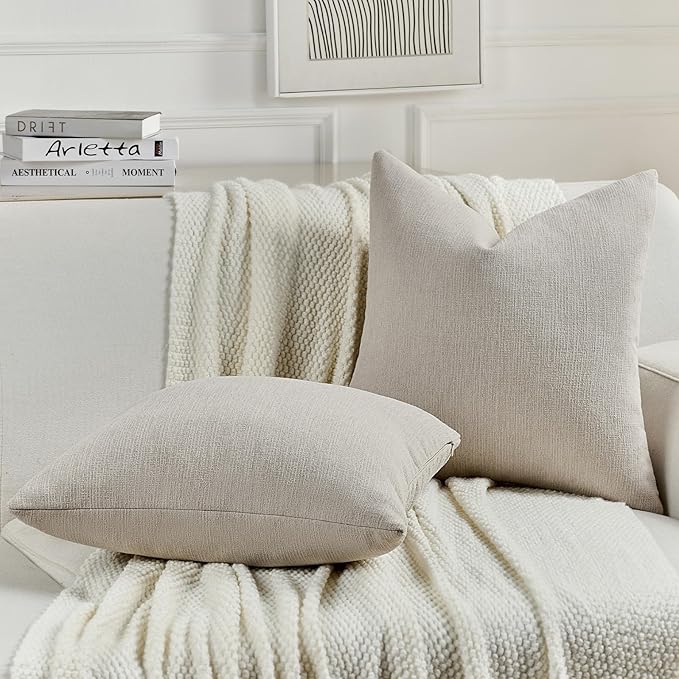 FUTEI Oatmeal Chenille Decorative Throw Pillow Covers 24x24 Inch Set of 2,Soft Cozy Faux Linen Textured European Pillow Shams,Farmhouse Home Decor for Couch Living Room