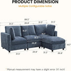3-Seater Modular Sectional Cloud Sofa with Ottoman, L-Shaped Couch for Living Room, Modern Convertible Deep Seats Sofa, Chenille Blue