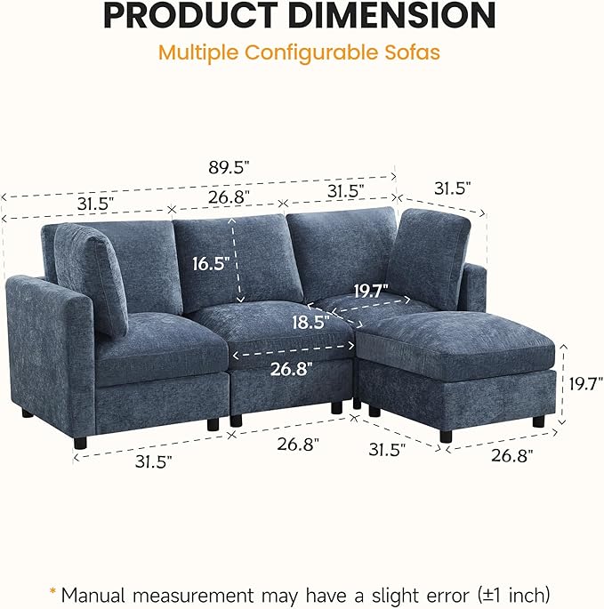 3-Seater Modular Sectional Cloud Sofa with Ottoman, L-Shaped Couch for Living Room, Modern Convertible Deep Seats Sofa, Chenille Blue