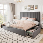 Allewie King Size Storage Bed Frame, Vertical Channel Tufted Adjustable Headboard, Velvet Upholstered Platform Bed with 4 Oversized Underbed Drawers, Wooden Slats Support, No Box Spring Needed, Grey