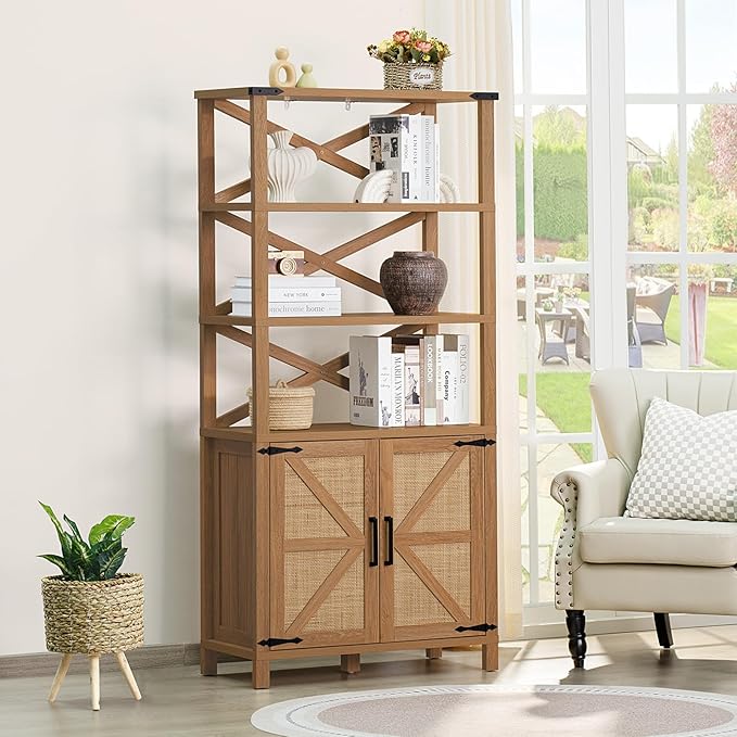 5 Tier Bookshelf 70" Rattan Boho Tall Bookcase with Barn Doors,Farmhouse Display Book Shelf with Adjustable Shelves and Storage Cabinet,Wood Bookshelves for Living Room,Kitchen,Natural (2PCS)