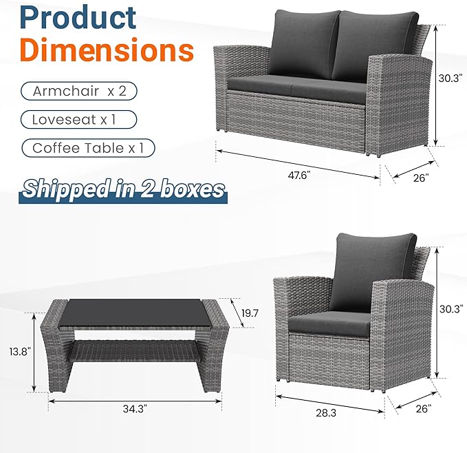 Wisteria Lane 4 Piece Patio Furniture Set, Wicker Outdoor Patio Conversation Furniture Set, All Weather Outdoor Patio Sofa with Cushion and Glass Table, Dark Grey