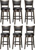 PrimeZone Swivel Bar Stools Set of 6, 26 Inch Counter Height Barstools, Black Faux Leather Bar Stool with High Backrest & Solid Wood Legs & Wrap-around Footrest, Counter Stools for Kitchen Island, Pub